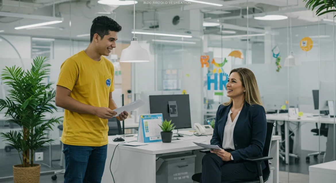 Funcionário brasileiro conversa de forma descontraída com profissional de RH em escritório moderno e iluminado, sugerindo clima positivo e diálogo sobrea antecipação das férias