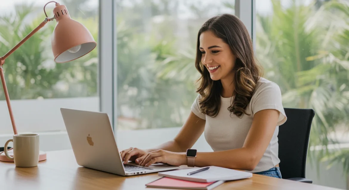 Estagiária brasileira sorridente em um ambiente de coworking moderno, usando notebook enquanto se informa sobre seus direitos de férias trabalhistas
