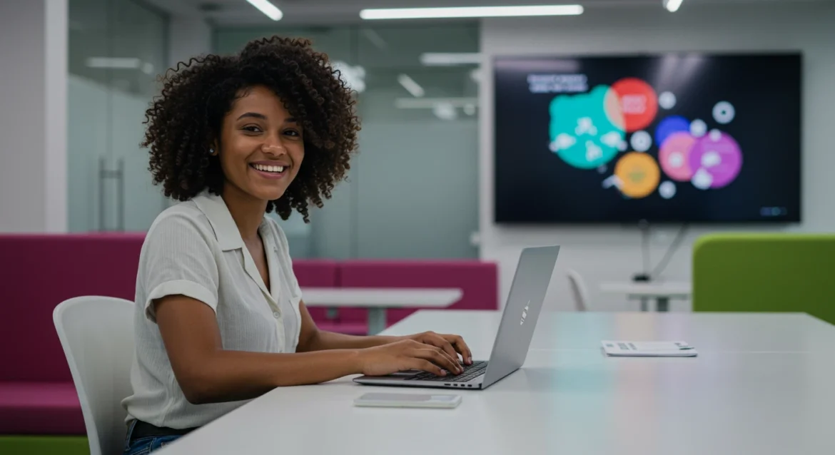 Profissional brasileira acessando plataforma digital em seu notebook para consultar informações sobre férias trabalhistas, em ambiente de trabalho moderno e tecnológic