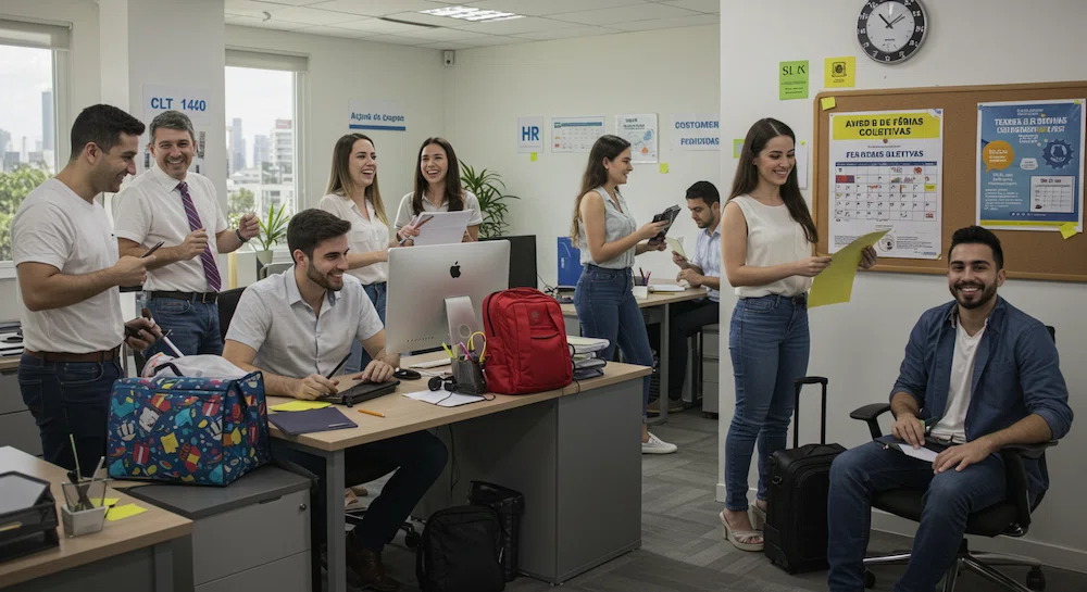 escritório moderno com funcionários organizando seus pertences e lendo um aviso no mural sobre férias coletivas, representando a antecipação das férias de forma planejada e conforme a legislação trabalhista.