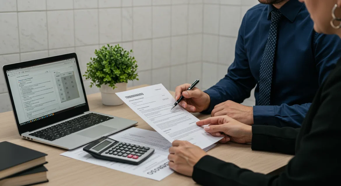 Cena em um escritório moderno brasileiro com um profissional de RH e um trabalhador analisando juntos documentos de rescisão trabalhista. A mesa exibe papéis, uma calculadora e um notebook com tela de cálculo salarial. O ambiente transmite um clima de orientação e esclarecimento sobre direitos trabalhistas.