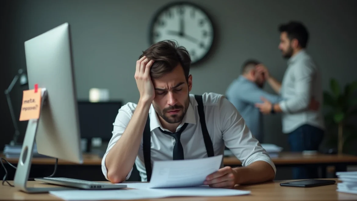 Trabalhador de escritório com expressão de cansaço e ansiedade, sentado à mesa com a cabeça apoiada na mão. Ao fundo, ambiente corporativo opressor com pilhas de documentos e iluminação fria, sugerindo pressão no trabalho. A imagem transmite o impacto emocional do ambiente de trabalho na saúde mental.