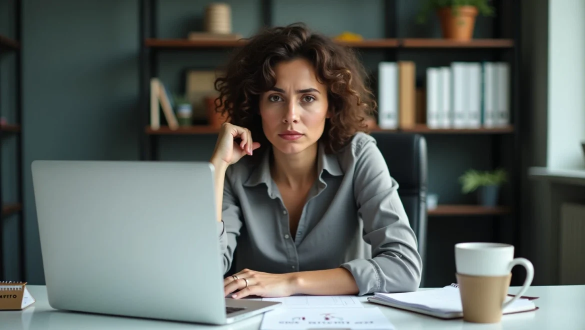 Mulher brasileira cansada trabalhando no escritório, diante do computador, com expressão de estresse e itens de trabalho sobre a mesa, representando acúmulo de férias vencidas