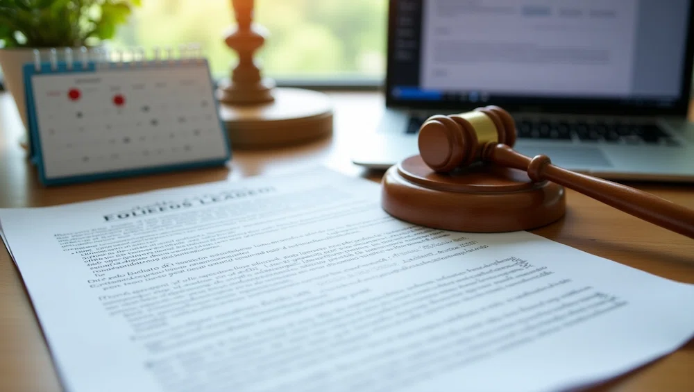 Mesa de escritório com documentos da CLT destacados, calendário com férias vencidas marcadas e martelo de juiz, simbolizando as obrigações legais sobre concessão de férias segundo a legislação trabalhista brasileira.