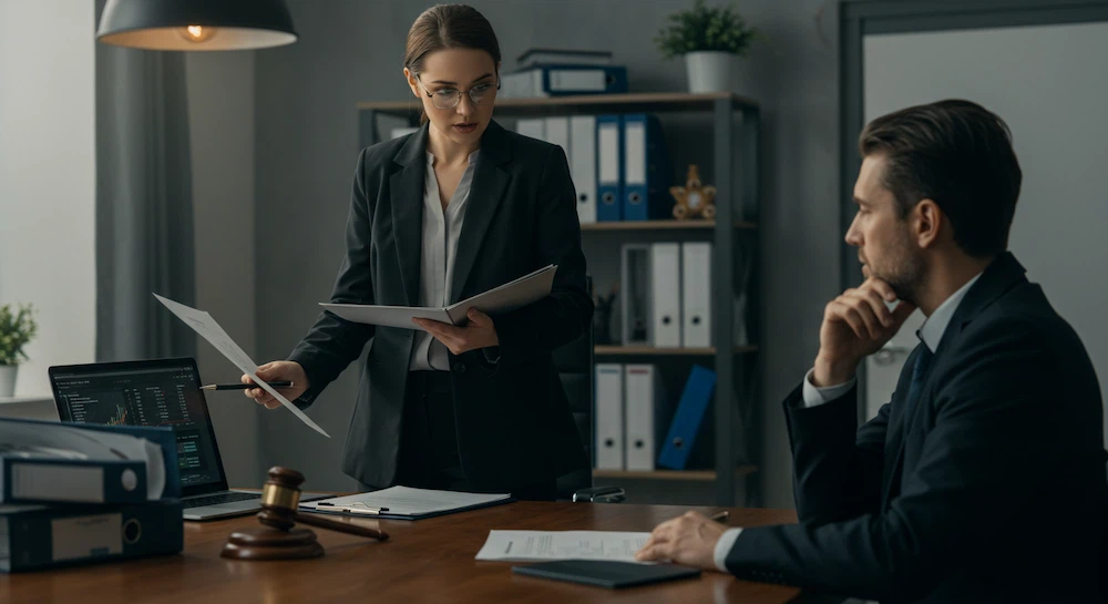 Advogada analisando documentos com cliente sobre bloqueio judicial de conta bancária, em escritório moderno