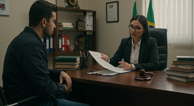 Empregado brasileiro em conversa com uma advogada de cabelo preto em um escritório jurídico, discutindo a rescisão indireta com um clima neutro e profissional.