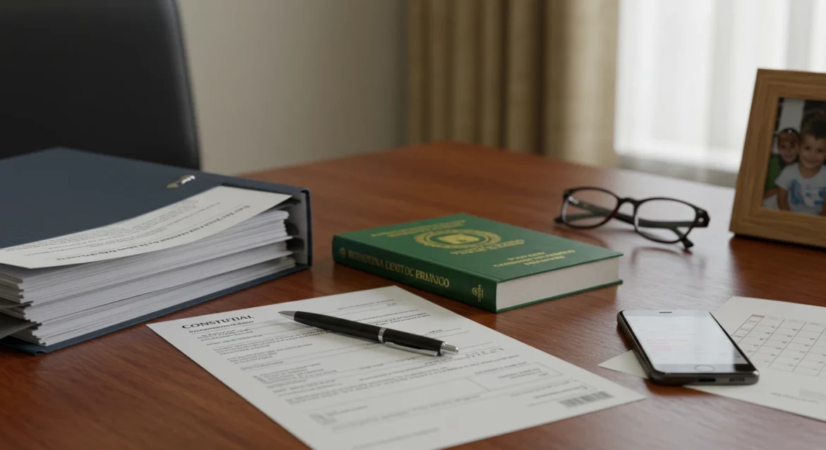 Mesa com documentos jurídicos, óculos e itens simbólicos de processo de pensão alimentícia com justiça gratuita, sem pessoas visíveis