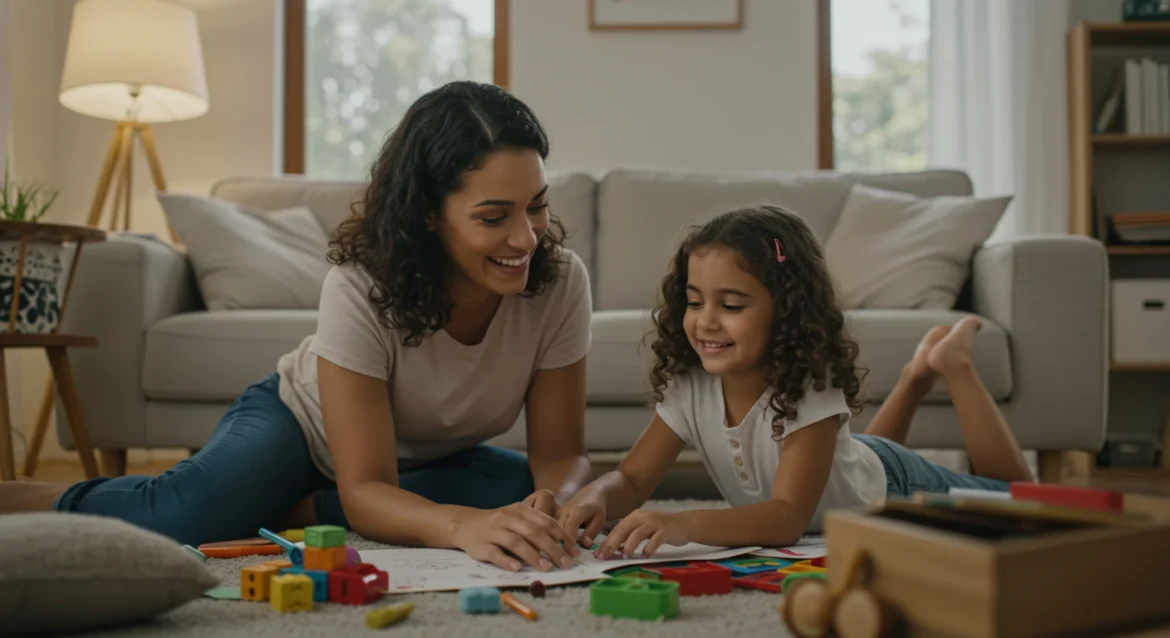 Mãe brasileira brincando com a filha em casa, em momento de afeto e conexão, representando o cuidado familiar no contexto da pensão alimentícia.