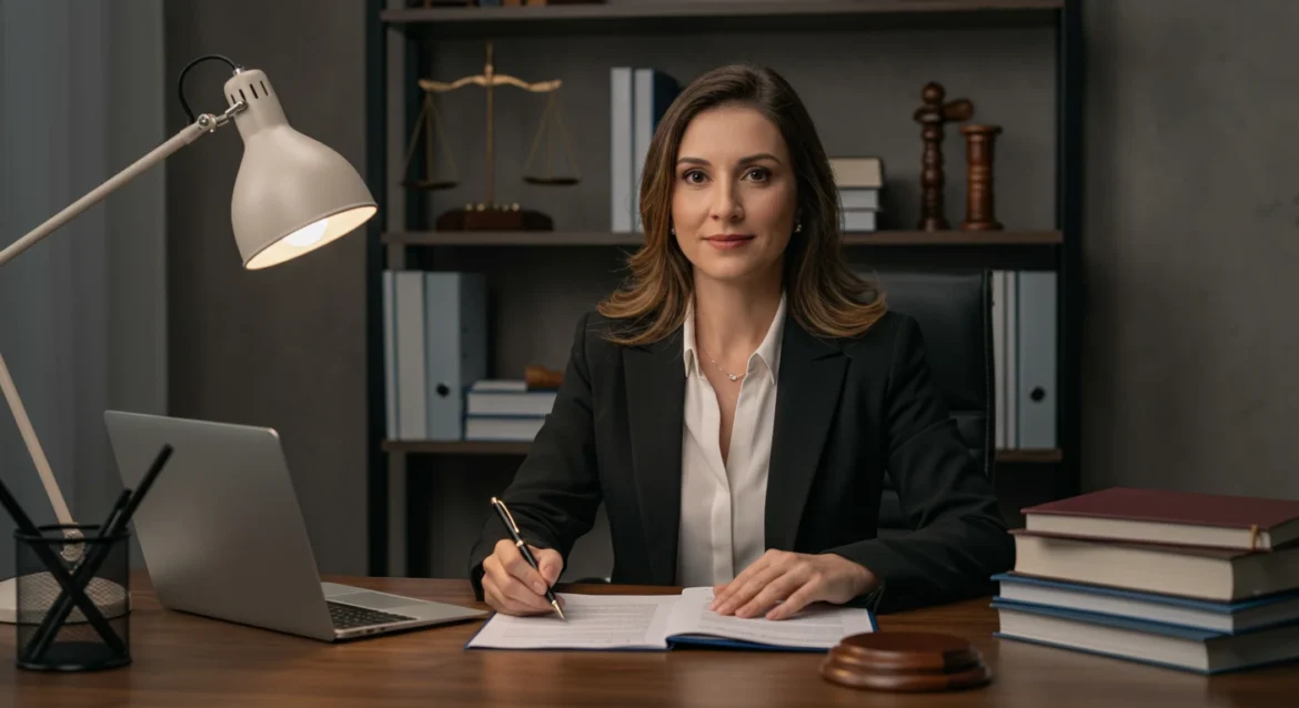 Advogada brasileira em escritório jurídico analisando documentos, representando orientação sobre pensão alimentícia provisória com profissionalismo e empatia.
