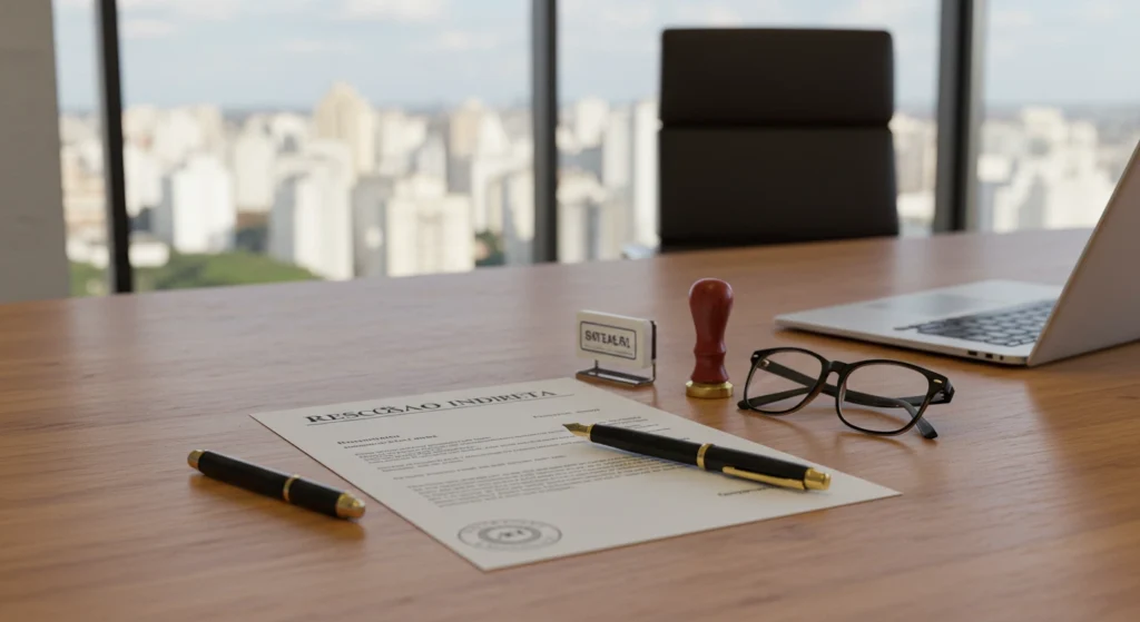 Documentos de rescisão indireta sobre mesa de escritório com laptop fechado, óculos e vista urbana ao fundo