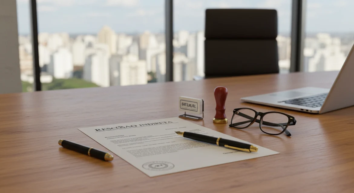 Documentos de rescisão indireta sobre mesa de escritório com laptop fechado, óculos e vista urbana ao fundo