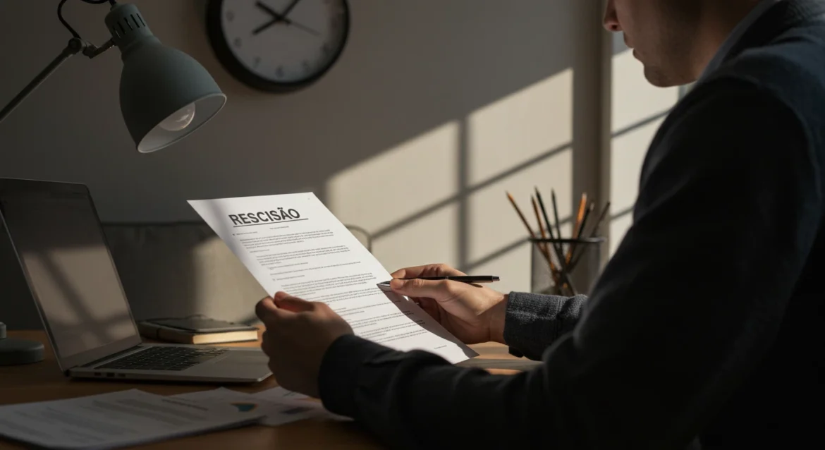 Foto mostrando mãos de uma pessoa analisando documentos sobre uma mesa, com relógio ao fundo sugerindo espera. a imagem transmite dúvida e preocupação, ideal para ilustrar atrasos na rescisão de contrato.