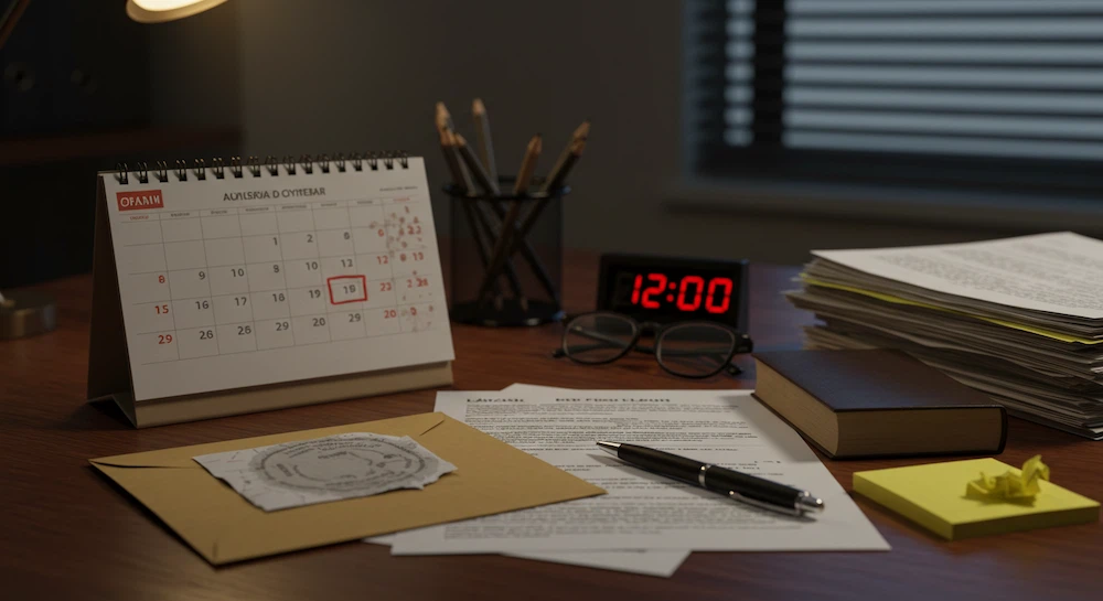 Elementos simbólicos sobre mesa de escritório representando atraso salarial, conflitos trabalhistas e rescisão indireta, sem pessoas ou textos visíveis