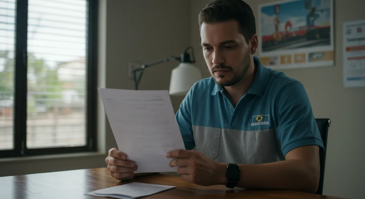Trabalhador brasileiro segurando folha em branco ao lado de envelope de exame médico, em sala iluminada naturalmente, com expressão de reflexão leve sobre demissão durante doença.