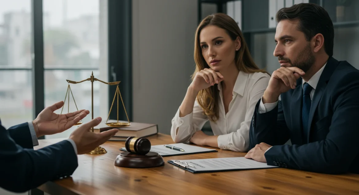 Casal brasileiro em reunião com advogado em escritório moderno, com balança da justiça e documentos sobre a mesa, representando explicação sobre pensão alimentícia compensatória.
