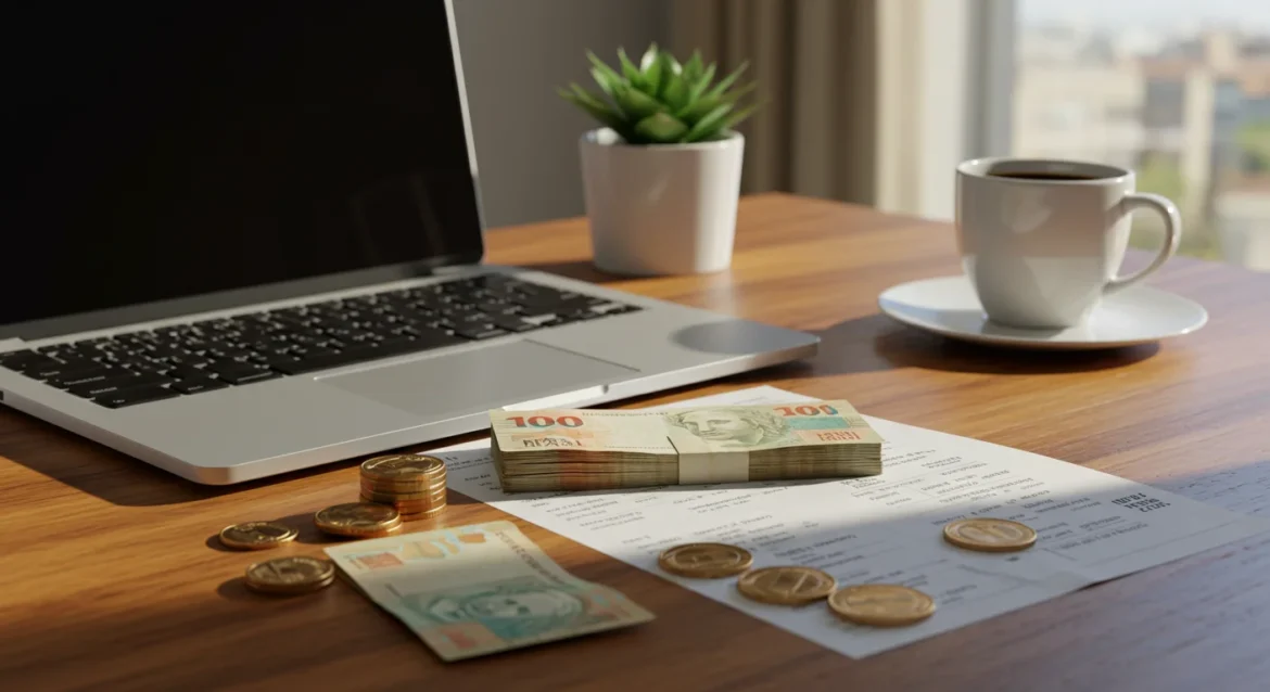 Mesa de escritório moderna com notebook fechado, contracheque e dinheiro em reais, simbolizando adiantamento salarial após férias.