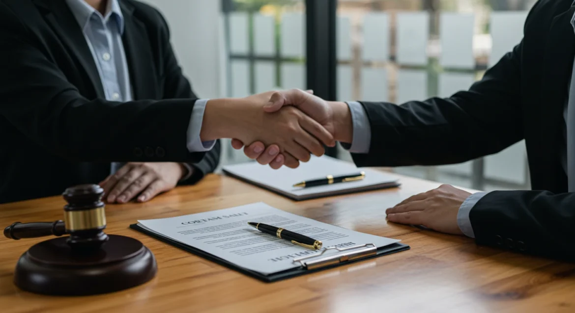 Advogado orientando cliente sobre contrato de compra e venda, com documentos e caneta sobre a mesa, em um escritório moderno que transmite confiança e profissionalismo
