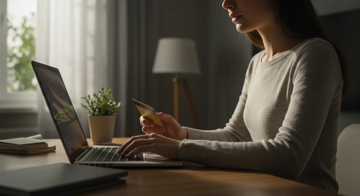 Mulher jovem utilizando notebook para realizar compra online, segurando um cartão de crédito enquanto digita no teclado, em ambiente moderno e iluminado.