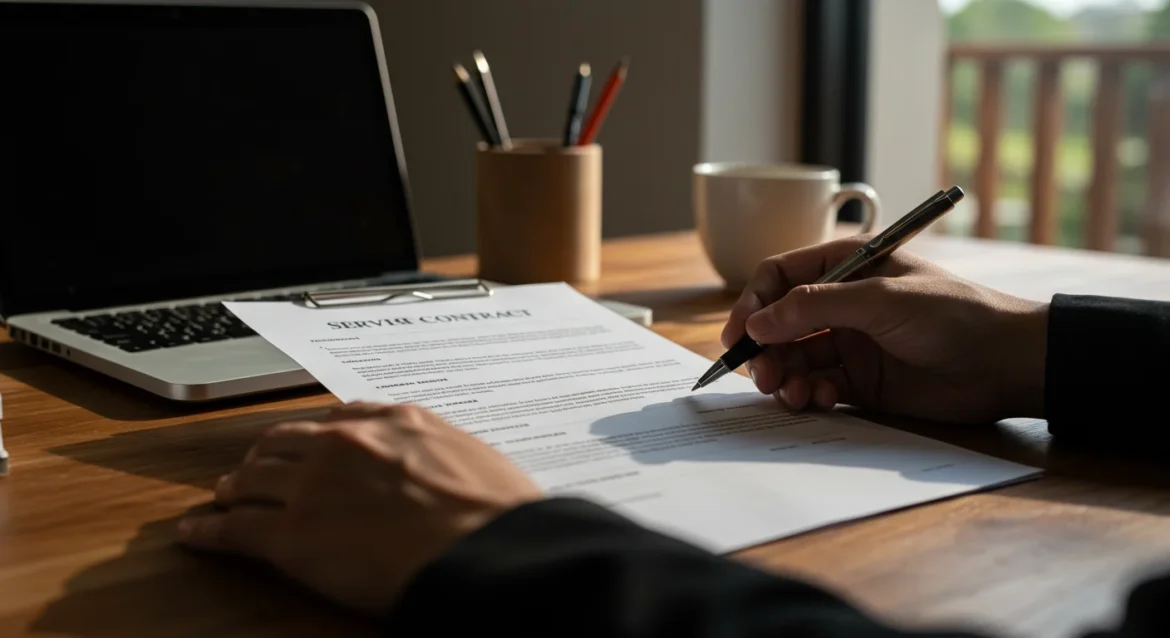 Pessoa prestes a assinar contrato de prestação de serviço sobre mesa organizada, representando aprendizado e prática legal no contexto brasileiro.