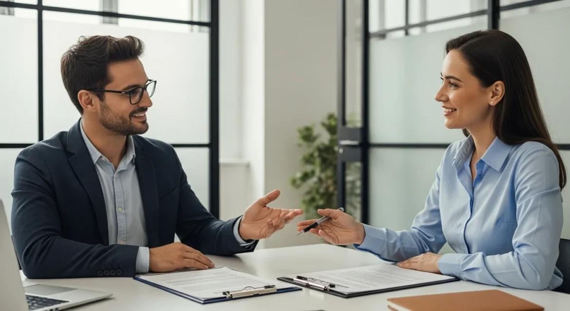 Pessoa conversando com o gerente de RH sobre contrato intermitente, com documentos sobre a mesa em um escritório moderno e iluminado.