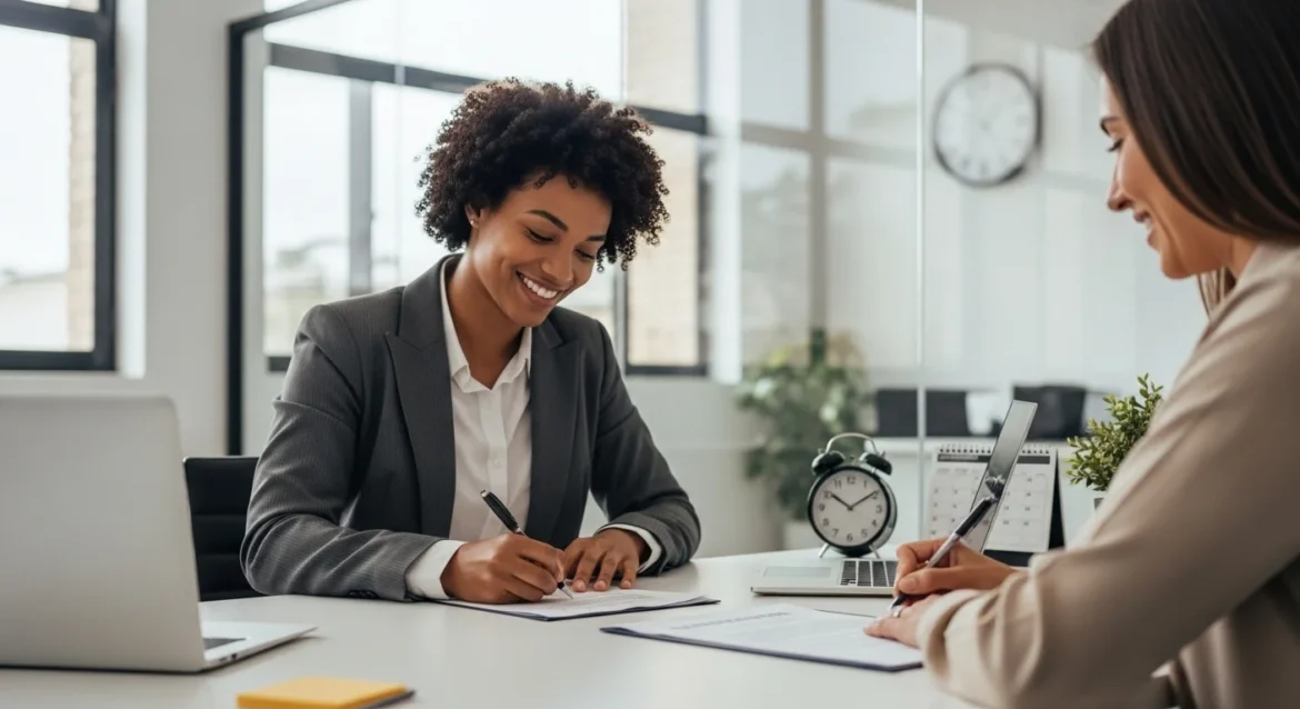 Profissional assinando contrato de trabalho temporário em um escritório moderno, com iluminação natural e ambiente corporativo acolhedor, simbolizando confiança e profissionalismo.