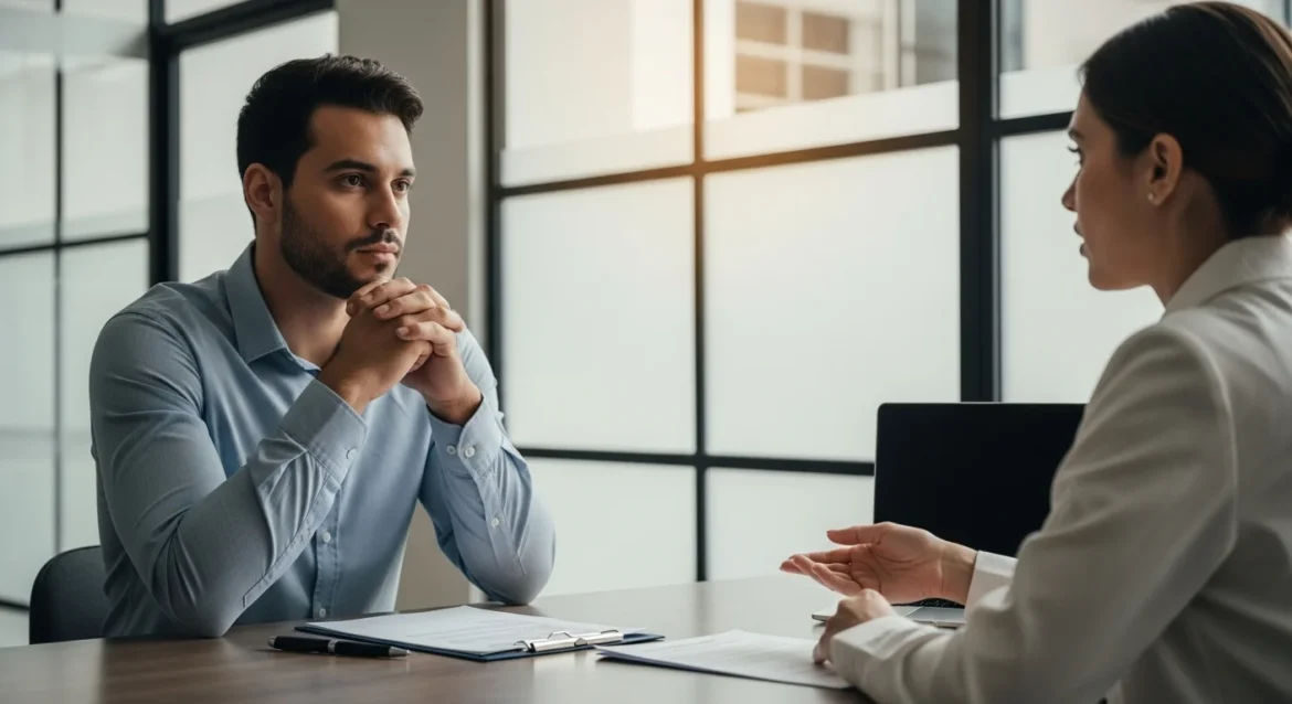 Empregado e gerente de RH discutindo a rescisão indireta de contrato de trabalho em um escritório moderno, com expressão séria e ambiente profissional.