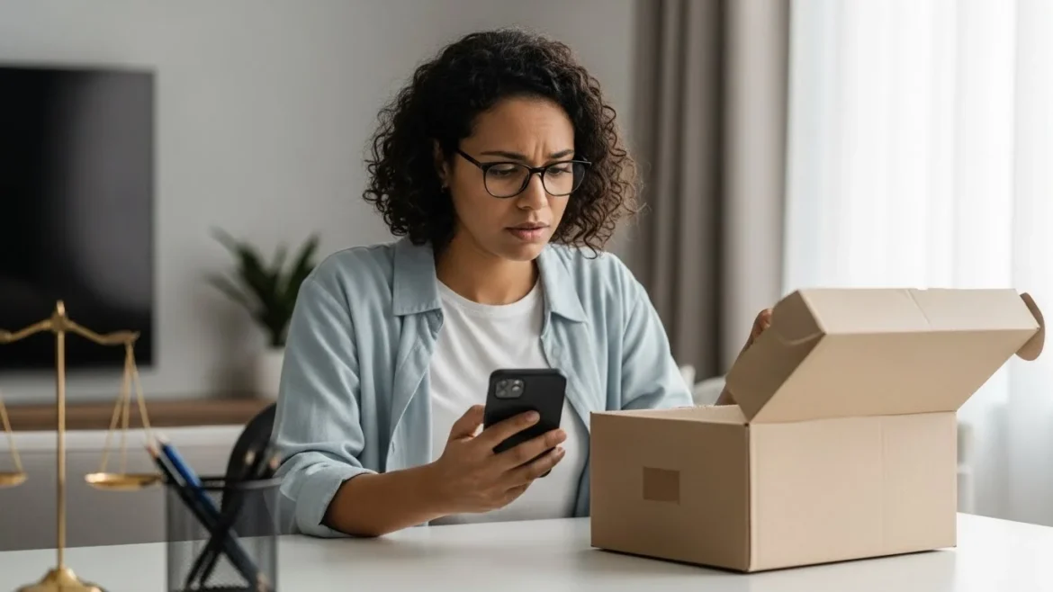 Foto realista de consumidor brasileiro preocupado segurando celular ao lado de uma caixa de entrega vazia, representando problema de compra online não recebida