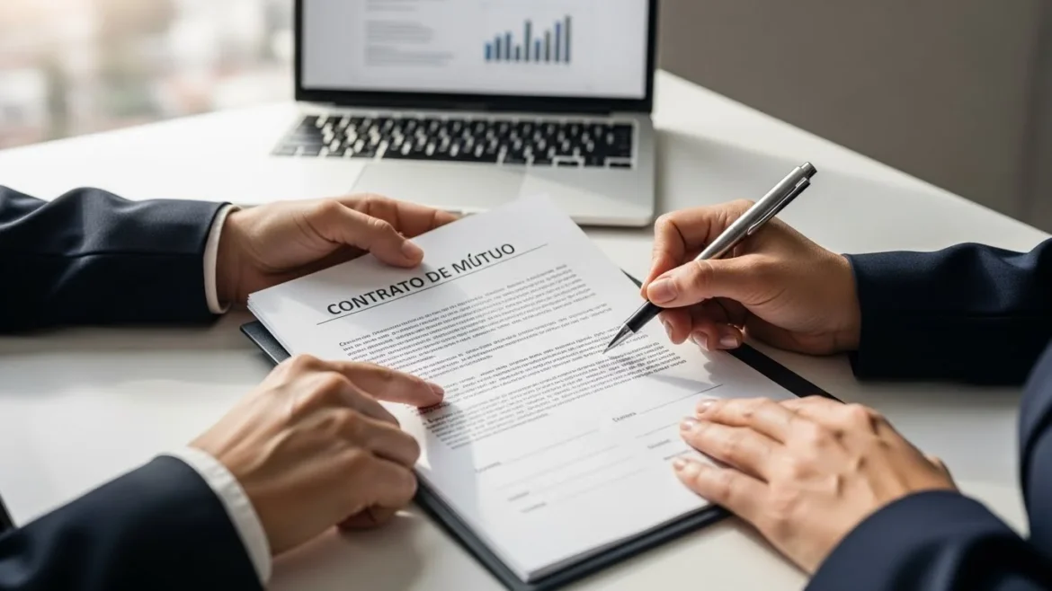 Foto realista de pessoas assinando um contrato de mútuo em um escritório moderno, representando acordo jurídico de empréstimo